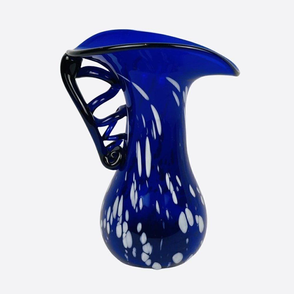 VTG Blue Speckled Blown Art Glass Pitcher White Splatter Swirl Applied Unique